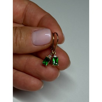 925 Sterling Silver Gold Plated Emerald & Beryl Earrings Length 25 Mm