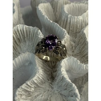 925 Sterling Silver Amethyst & Marcasite Ring Size 7
