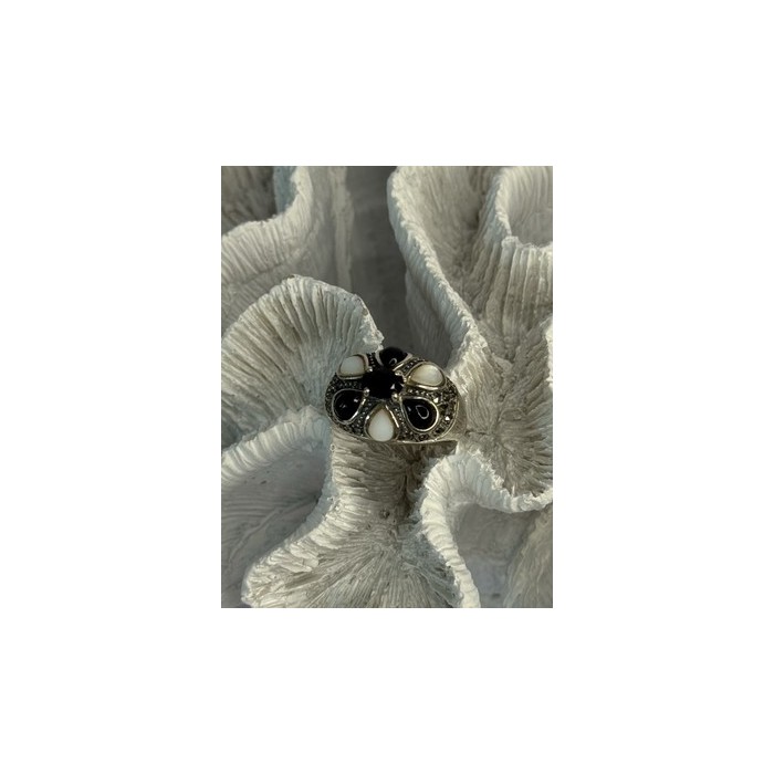 925 Sterling Silver Onyx Abalone & Marcasite Ring Size 10