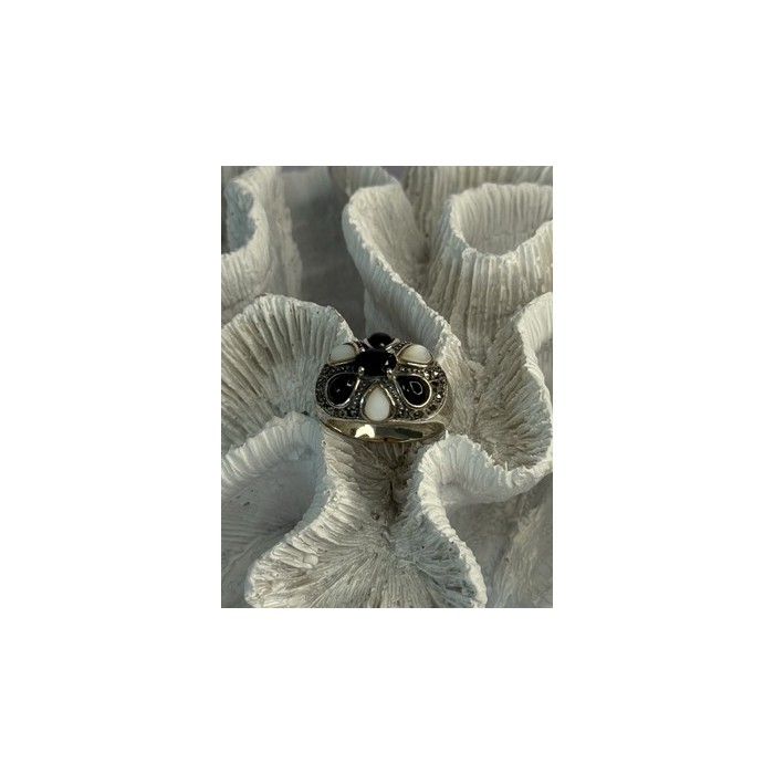 925 Sterling Silver Onyx Abalone & Marcasite Ring Size 10