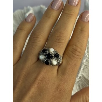 925 Sterling Silver Onyx Abalone & Marcasite Ring Size 10