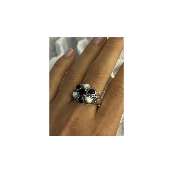 925 Sterling Silver Onyx Abalone & Marcasite Ring Size 10