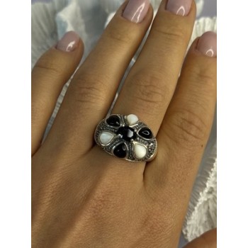 925 Sterling Silver Onyx Abalone & Marcasite Ring Size 10