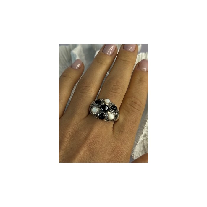 925 Sterling Silver Onyx Abalone & Marcasite Ring Size 10