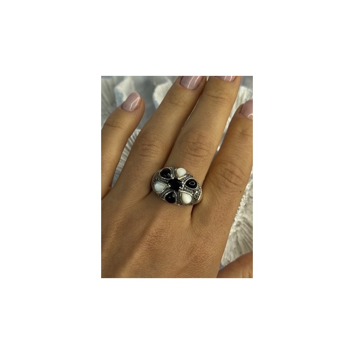 925 Sterling Silver Onyx Abalone & Marcasite Ring Size 10