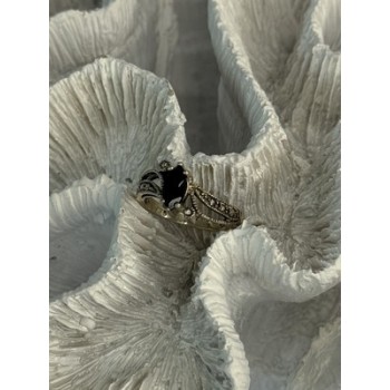 925 Sterling Silver Black Sapphire & Marcasites Ring Size 6