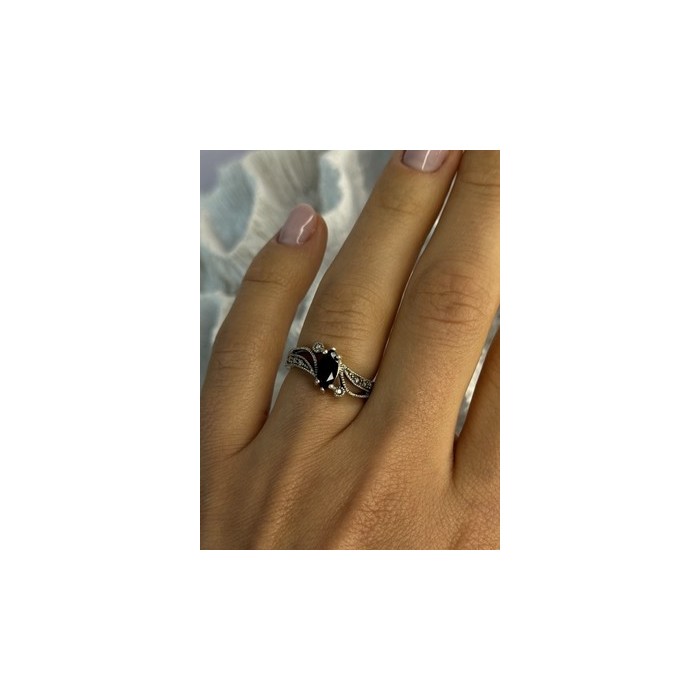 925 Sterling Silver Black Sapphire & Marcasites Ring Size 6