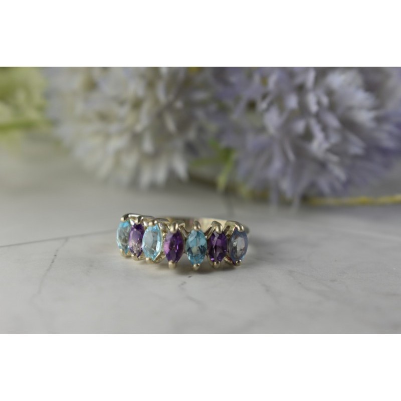 925 Sterling Silver Purple Tourmaline, Topaz & Tanzanite Ring Size 8