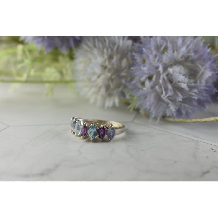 925 Sterling Silver Purple Tourmaline, Topaz & Tanzanite Ring Size 8