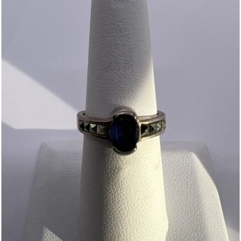 925 Sterling Silver Sapphire & Marcasite Ring Size 6.5