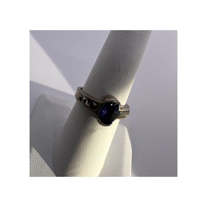 925 Sterling Silver Sapphire & Marcasite Ring Size 6.5