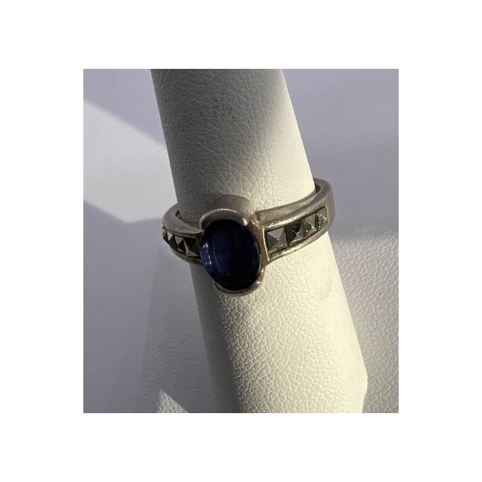 925 Sterling Silver Sapphire & Marcasite Ring Size 6.5