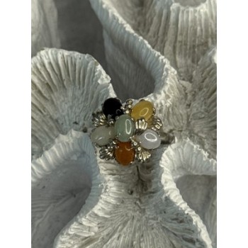 925 Sterling Silver 6 Colors Of Jade Flower Ring Size 8, 9
