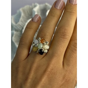 925 Sterling Silver 6 Colors Of Jade Flower Ring Size 8, 9
