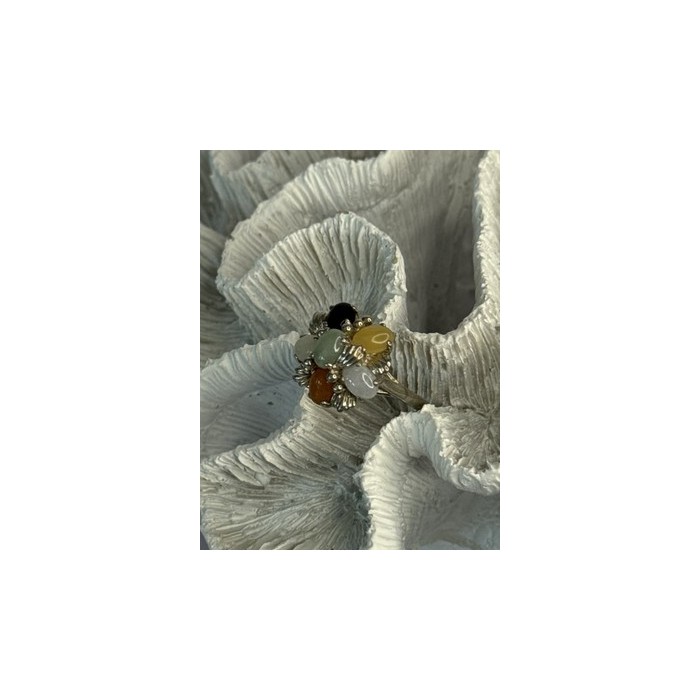 925 Sterling Silver 6 Colors Of Jade Flower Ring Size 8, 9