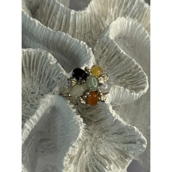 925 Sterling Silver 6 Colors Of Jade Flower Ring Size 8, 9