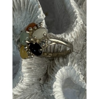 925 Sterling Silver 6 Colors Of Jade Flower Ring Size 8, 9