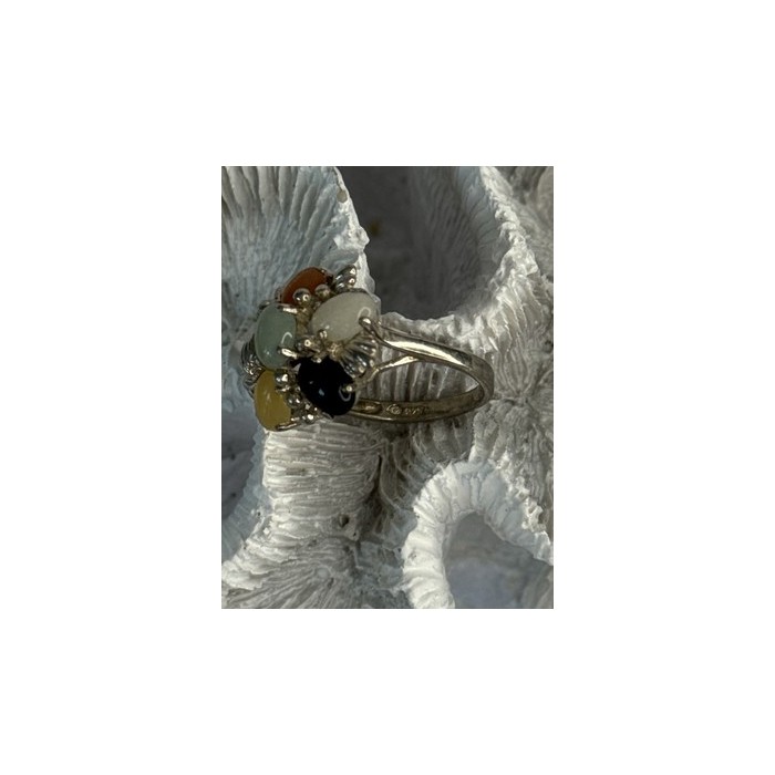 925 Sterling Silver 6 Colors Of Jade Flower Ring Size 8, 9