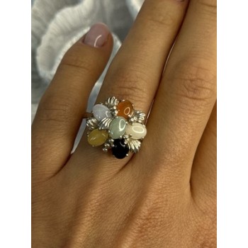 925 Sterling Silver 6 Colors Of Jade Flower Ring Size 8, 9