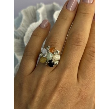 925 Sterling Silver 6 Colors Of Jade Flower Ring Size 8, 9