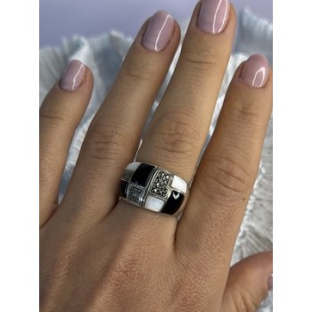 925 Sterling Silver Onyx Abalone Marcasite Ring Size 8