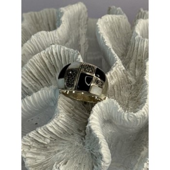 925 Sterling Silver Onyx Abalone Marcasite Ring Size 8