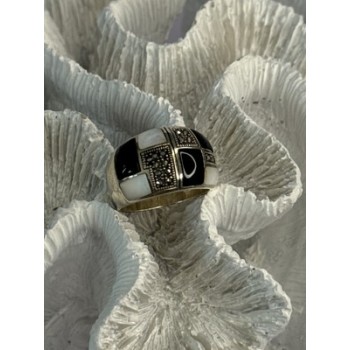 925 Sterling Silver Onyx Abalone Marcasite Ring Size 8