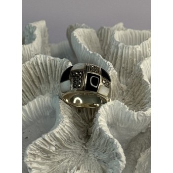 925 Sterling Silver Onyx Abalone Marcasite Ring Size 8