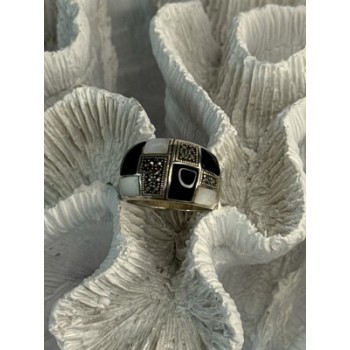 925 Sterling Silver Onyx Abalone Marcasite Ring Size 8