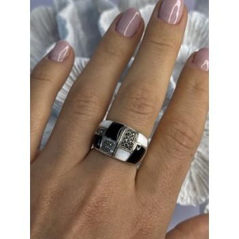 925 Sterling Silver Onyx Abalone Marcasite Ring Size 8