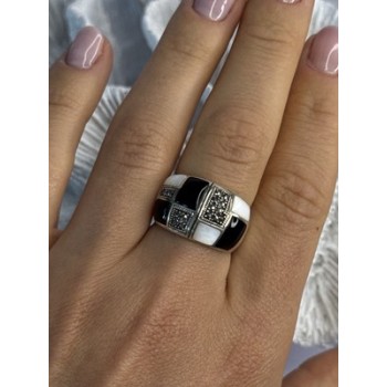 925 Sterling Silver Onyx Abalone Marcasite Ring Size 8