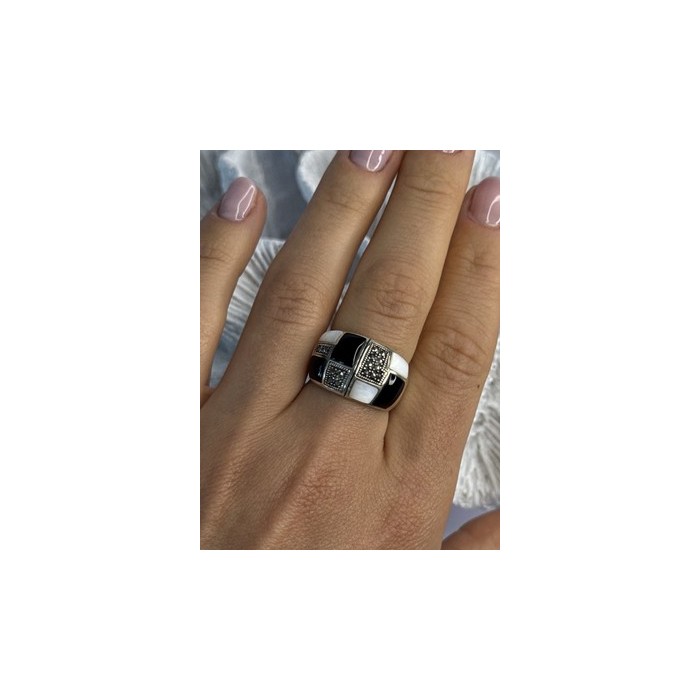 925 Sterling Silver Onyx Abalone Marcasite Ring Size 8