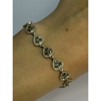 Vintage 925 Sterling Silver Marcasite Heart Bracelet Length 7 Inch