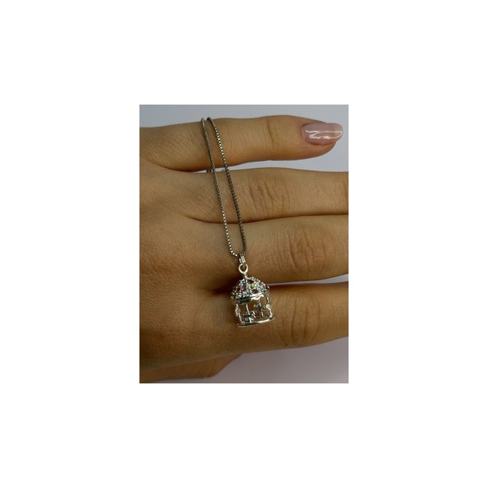 925 Sterling Silver Multi-Color CZ Merry-Go-Round Pendant Necklace Length 18/16