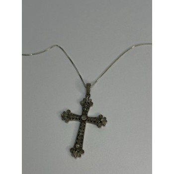 925 Sterling Silver Diamond Cross Necklace Length 30 Inch
