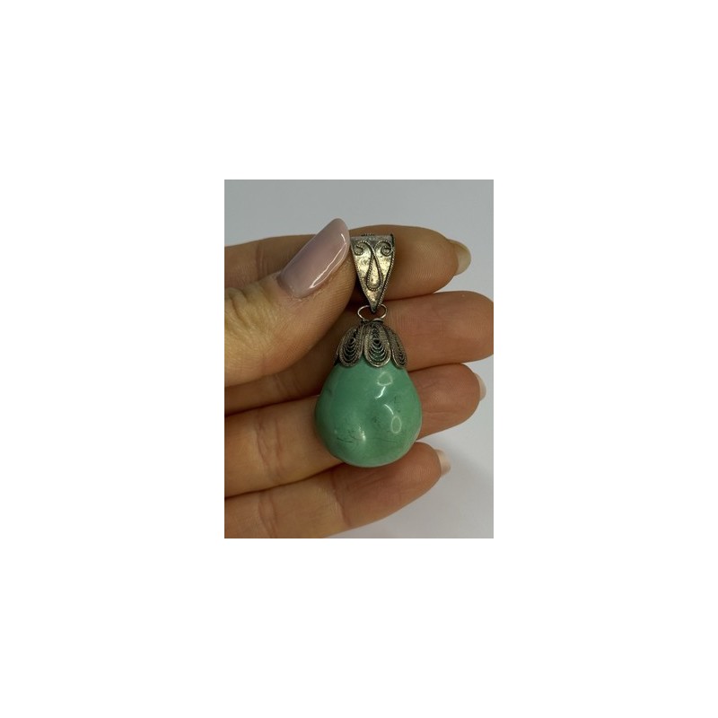 Vintage 925 Sterling Silver Malachite Pendant Length 2 Inch