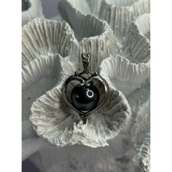 925 Sterling Silver Hematite Heart Pendant Length 1.1 Inch
