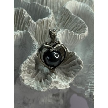 925 Sterling Silver Hematite Heart Pendant Length 1.1 Inch