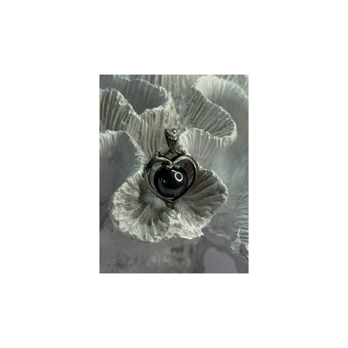 925 Sterling Silver Hematite Heart Pendant Length 1.1 Inch