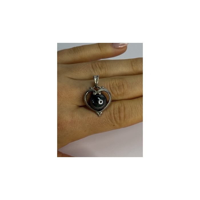 925 Sterling Silver Hematite Heart Pendant Length 1.1 Inch