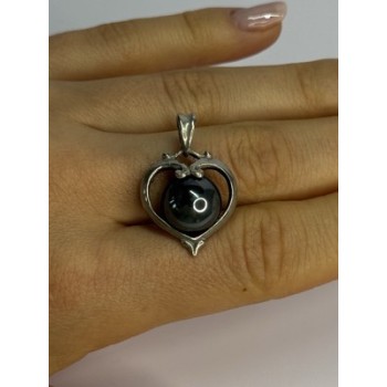 925 Sterling Silver Hematite Heart Pendant Length 1.1 Inch