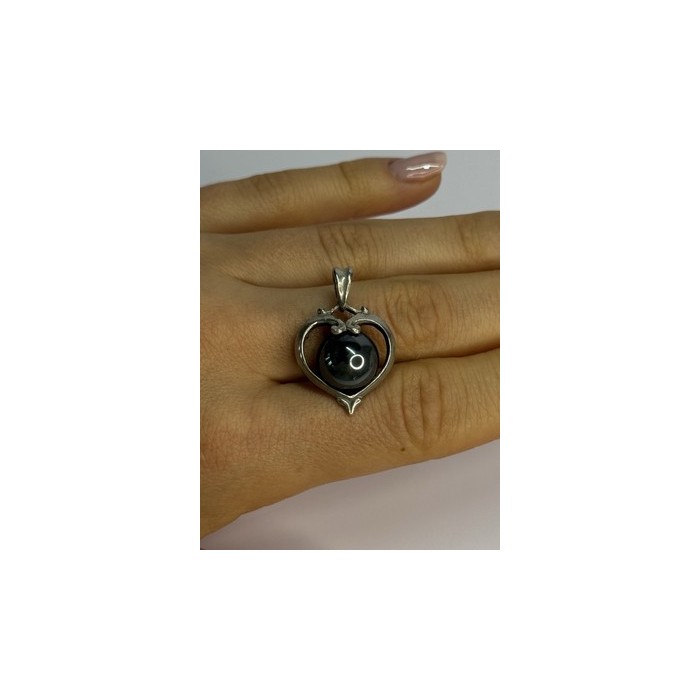 925 Sterling Silver Hematite Heart Pendant Length 1.1 Inch