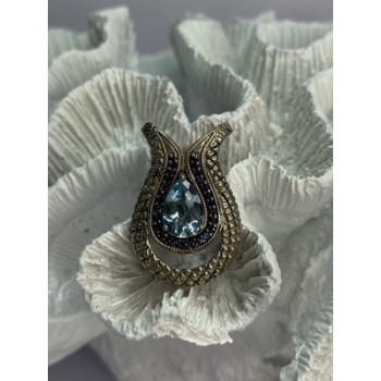 925 Sterling Silver 18k Yellow Gold Topaz & Sapphire Pendant Length 1.3 Inch