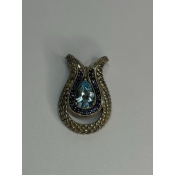 925 Sterling Silver 18k Yellow Gold Topaz & Sapphire Pendant Length 1.3 Inch