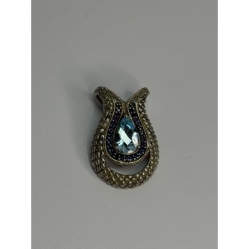 925 Sterling Silver 18k Yellow Gold Topaz & Sapphire Pendant Length 1.3 Inch