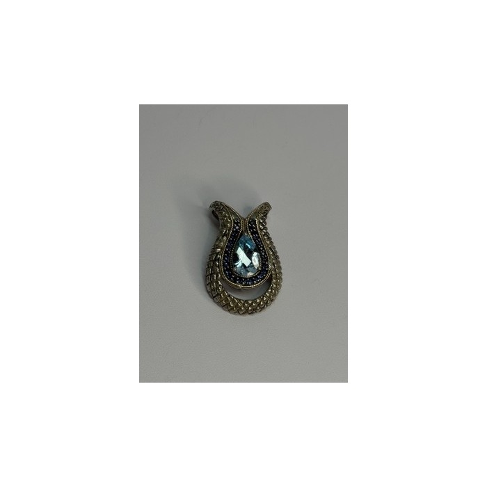 925 Sterling Silver 18k Yellow Gold Topaz & Sapphire Pendant Length 1.3 Inch