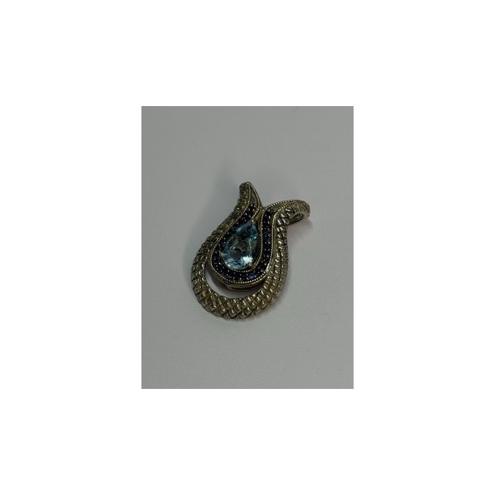 925 Sterling Silver 18k Yellow Gold Topaz & Sapphire Pendant Length 1.3 Inch