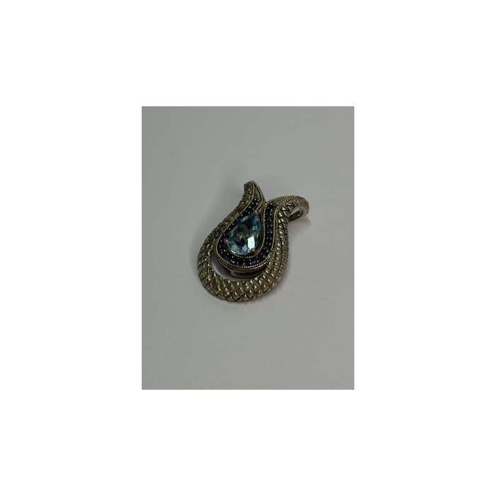 925 Sterling Silver 18k Yellow Gold Topaz & Sapphire Pendant Length 1.3 Inch