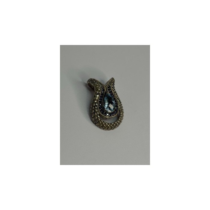 925 Sterling Silver 18k Yellow Gold Topaz & Sapphire Pendant Length 1.3 Inch