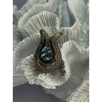 925 Sterling Silver 18k Yellow Gold Topaz & Sapphire Pendant Length 1.3 Inch